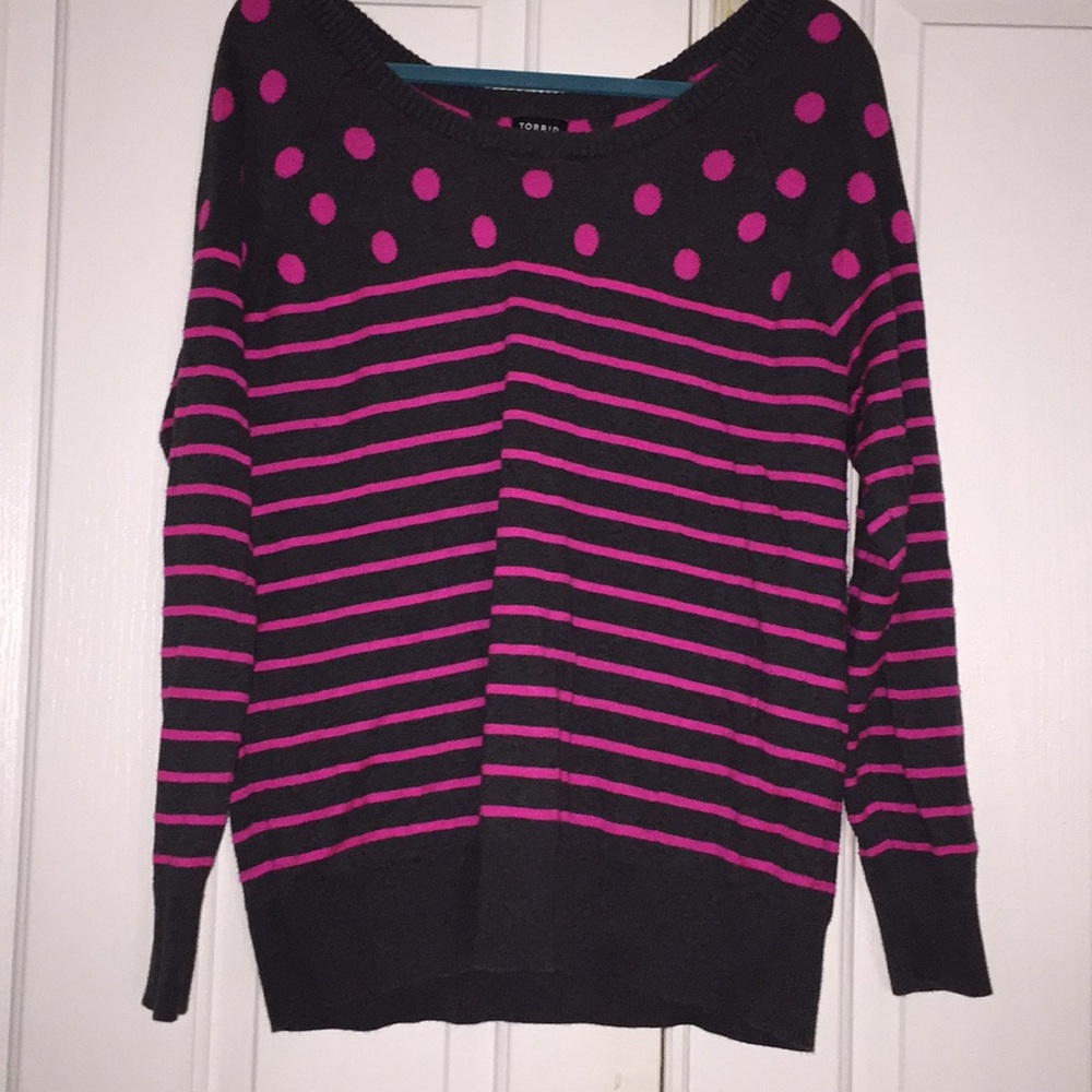 torrid Black and Hot Pink Striped & Polka Dot Long Sleeve Sweater